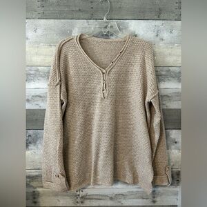 SHEIN Tan V-Neck Sweater with Button Accents